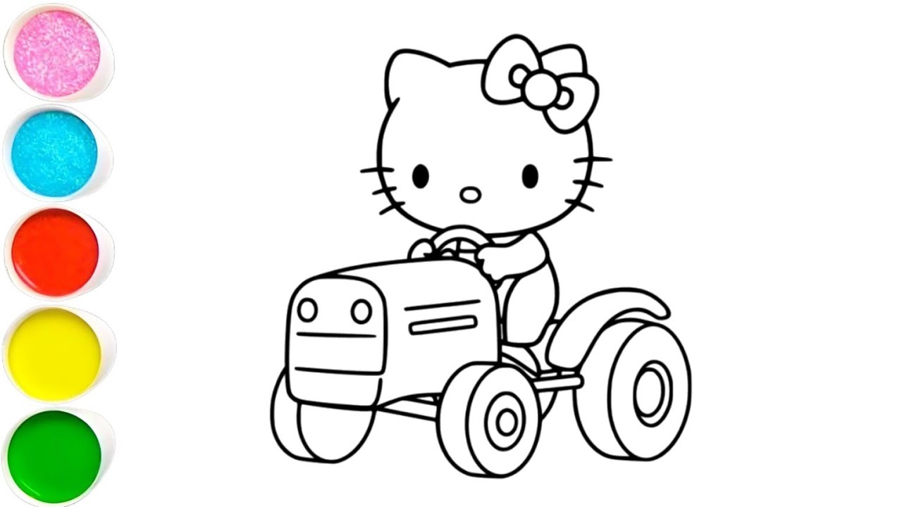 Рисунок и раскраска Hello Kitty на тракторе 🚜 для детей и малышей.