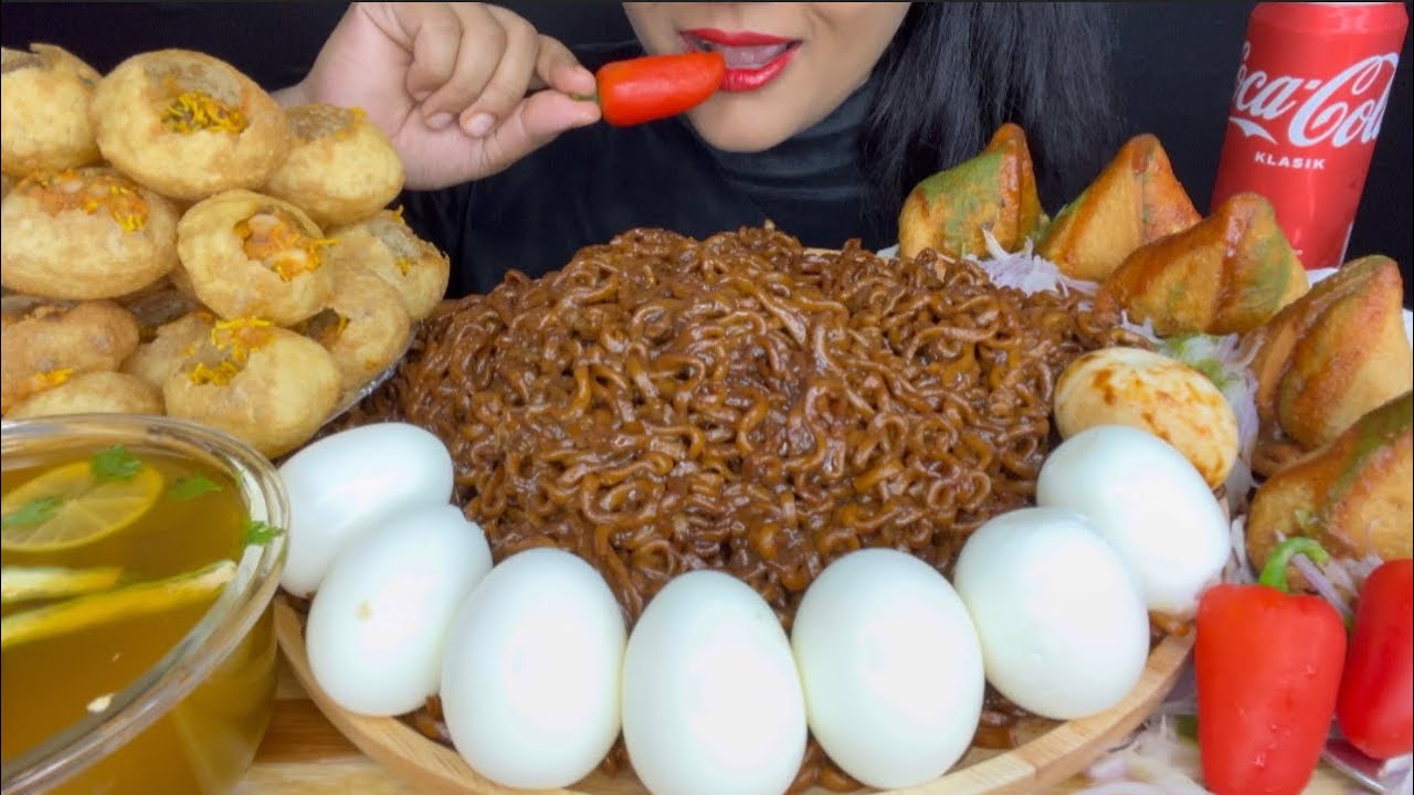 ASMR EATING SPICY BLACK BEAN NOODLES,PANIPURI,SAMOSA,EGGS * EATING SHOW* (FOOD VIDEOS)
