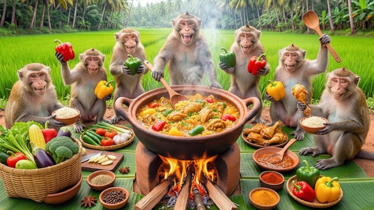 बंदर पारंपरिक करी पका रहे हैं | The monkeys are cooking traditional curry#03!