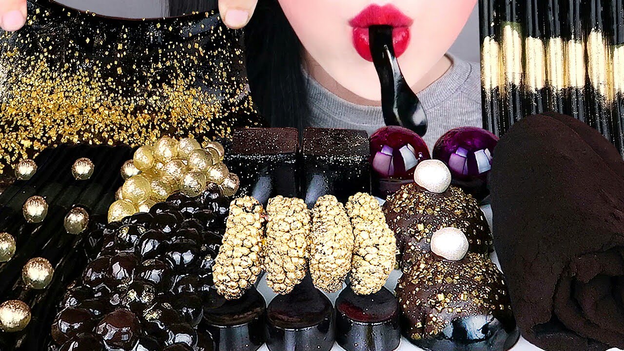 ASMR EDIBLE TOWEL, GOLD BLACK SILK JELLY, SPOONS 실크 젤리, 먹는 수건, 진주 초콜릿젤리, 타피오카펄, 얼음 먹방 EATING MUKBANG