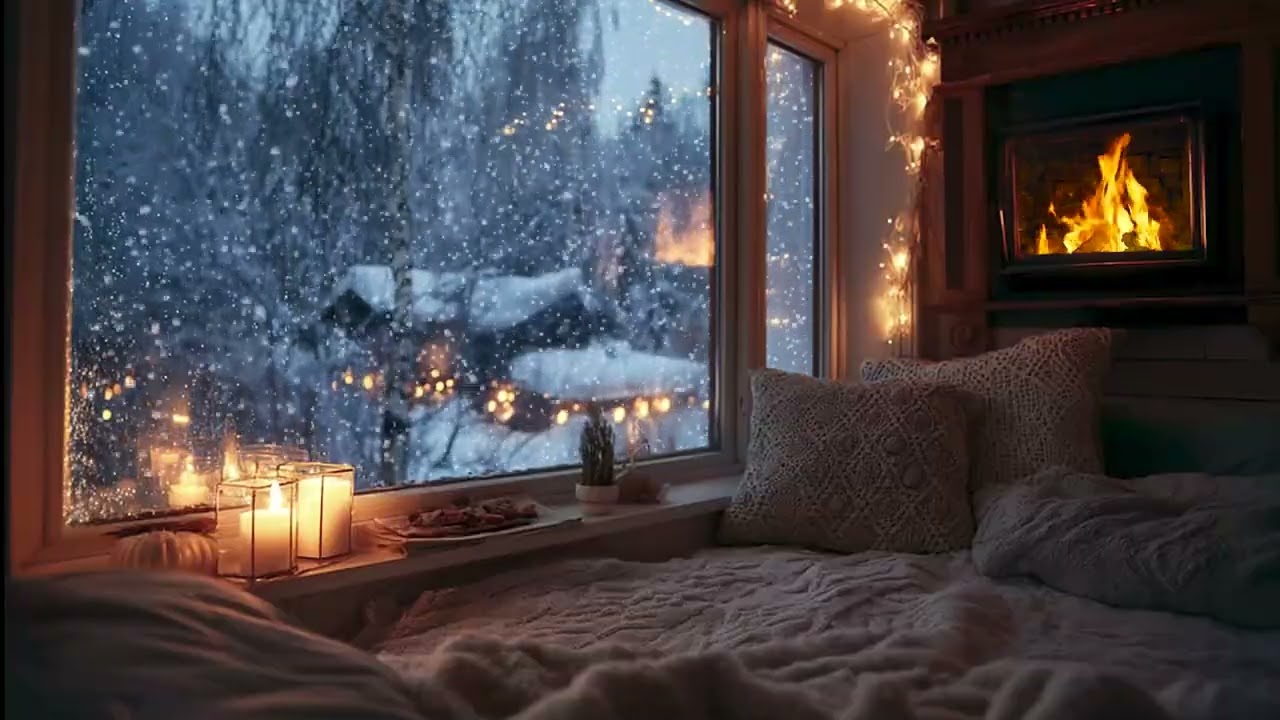 3 Hours Crackling Fire & Gentle Snowfall | Calm Winter Sounds to Fall Asleep Fast🌙
