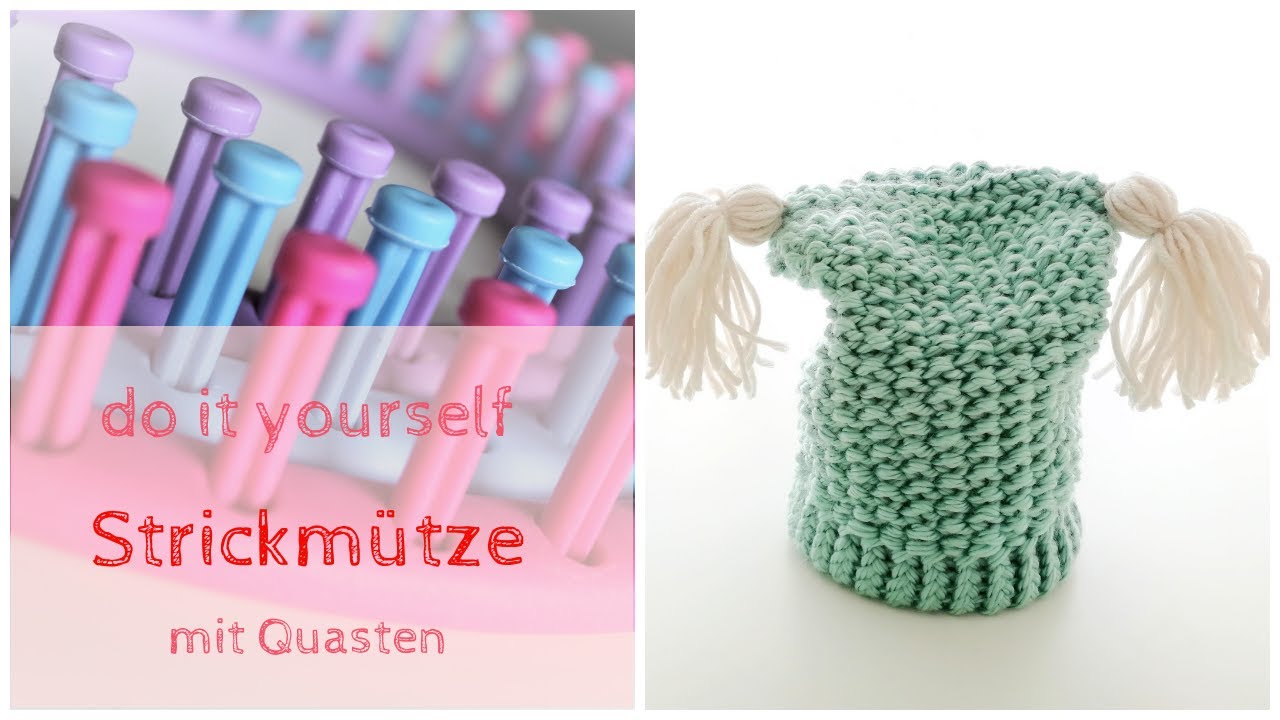 Strickmütze mit Quasten oder Bommeln mit dem Strickring/ Knitting Loom Perlmuster