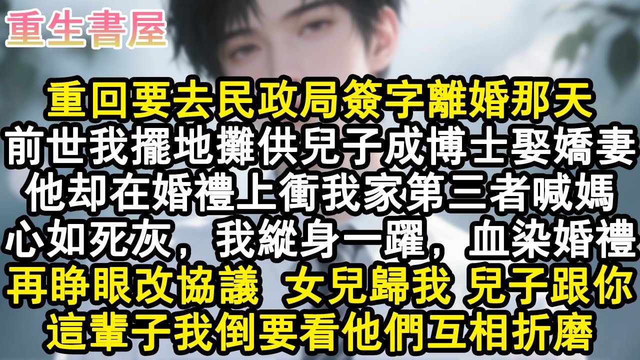 【重生爽文】重回要去民政局簽字離婚那天。前世我擺地攤供兒子成博士娶嬌妻，他卻在婚禮上沖我家第三者喊媽。心如死灰，我縱身一躍，血染婚禮。再睜眼改協議：女兒歸我，兒子跟你。這輩子#小說 #重生故事 #爽文