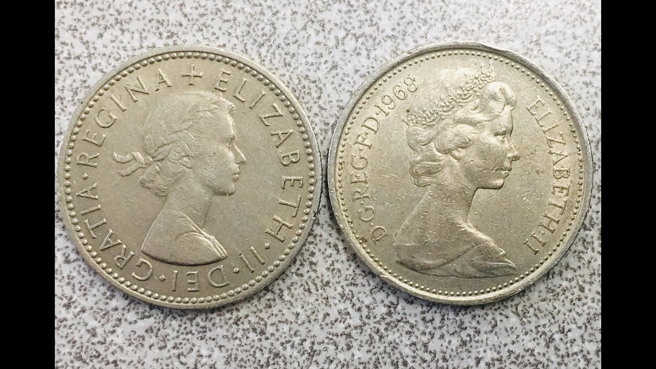 UK 1963 One Shilling - UK 1968 5 New Pence - Great Britain Same Value, Weight, Size -Different Coins