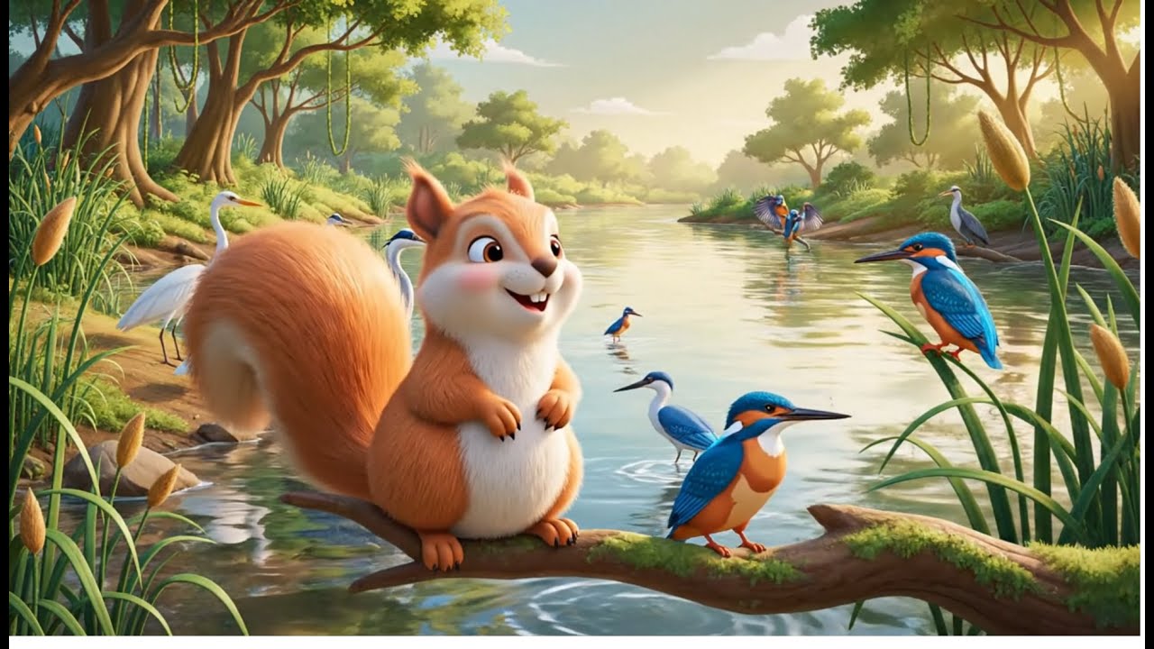 Squirrel by the River 🐿️🐦🐟 | Fun with Fishing Birds | Kids Nature Cartoon