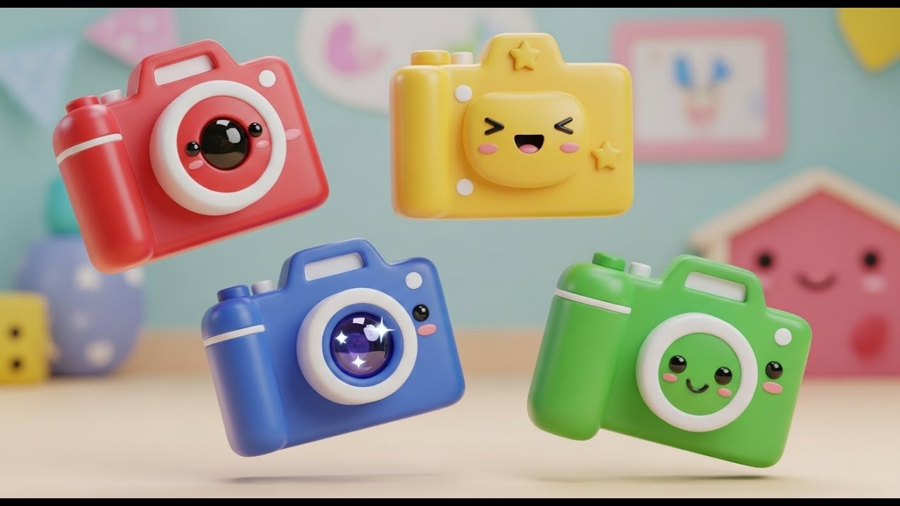 Quatro Pequenas Câmeras de Brinquedo Click | Música de Fotografia e Cores para Crianças