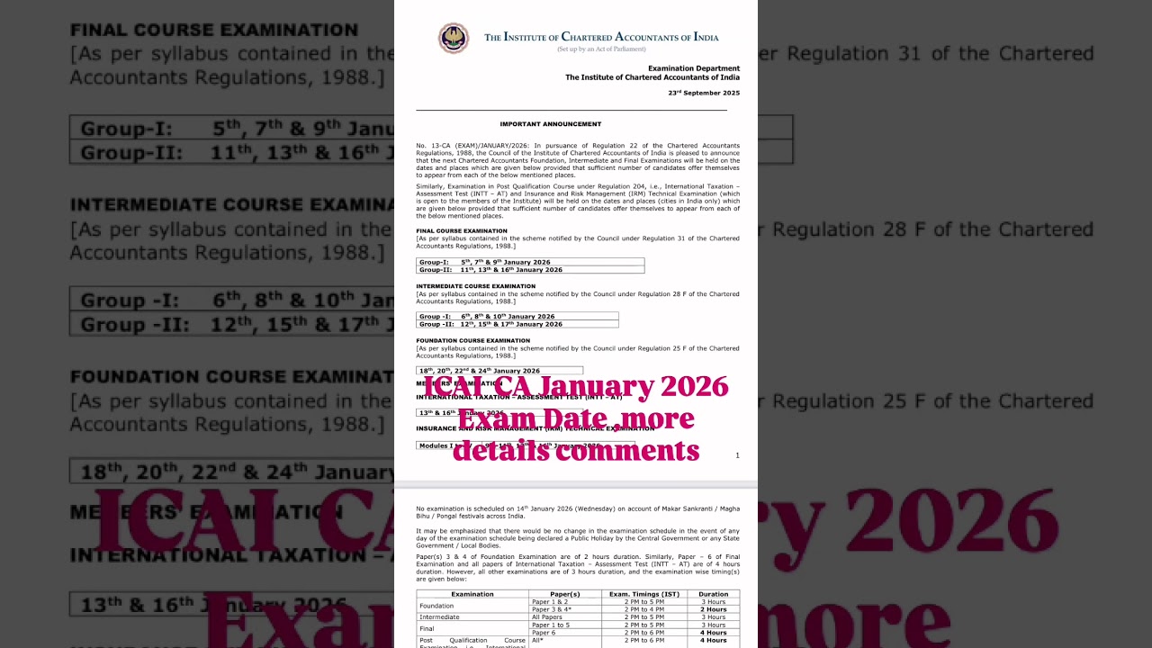ICAI  CA January 2026 Exam Date .For more details comments #jobknowledge #ashutoshweb #icaica