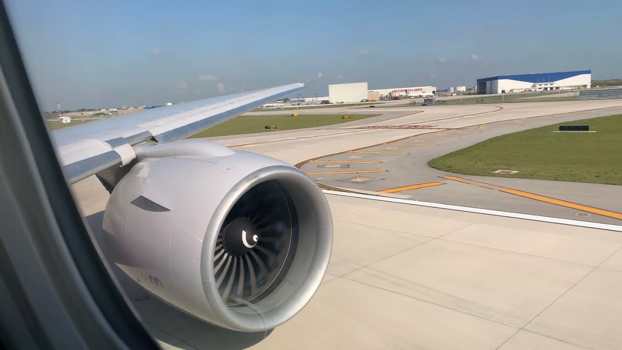 777-200 TAKEOFF! Engine+wing view! (Raw footage)