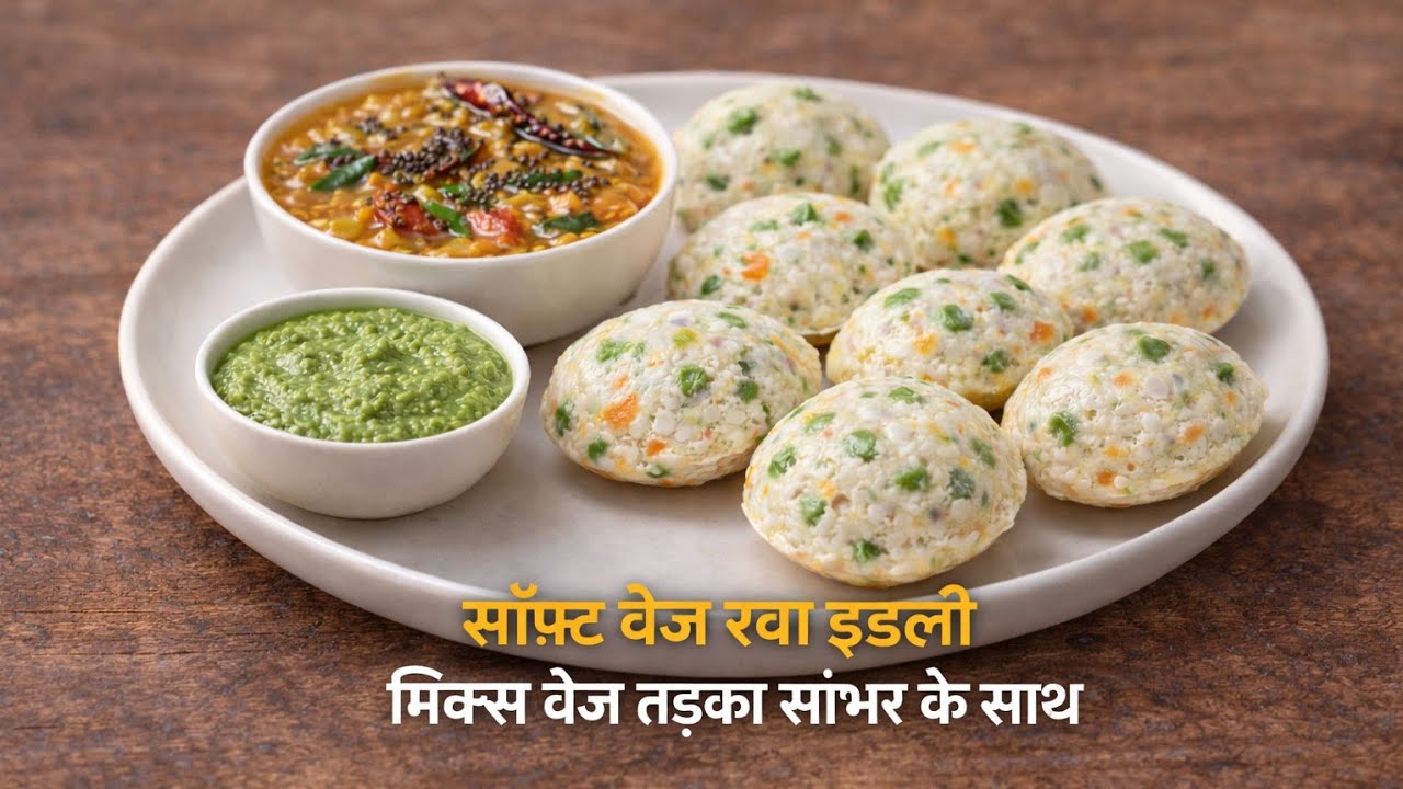सॉफ्ट और स्पंजी वेज रवा इडली सांभर के साथ | घर पर आसान तरीके से बनाएं South Indian नाश्ता