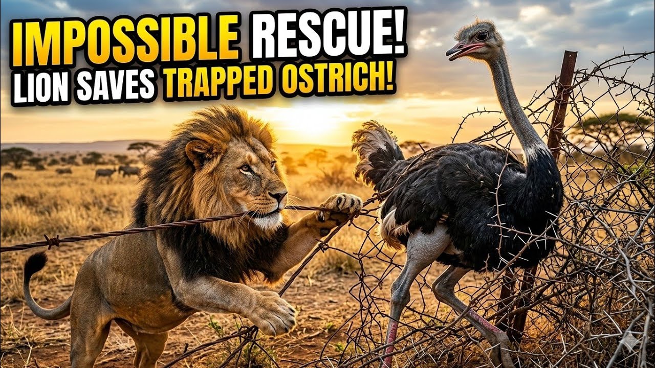 Savanna miracle:lion rescue trapped ostrich.