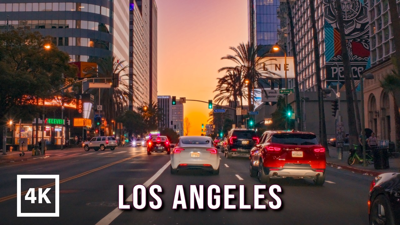 Driving Los Angeles Sunset 4K - Downtown LA to Hollywood