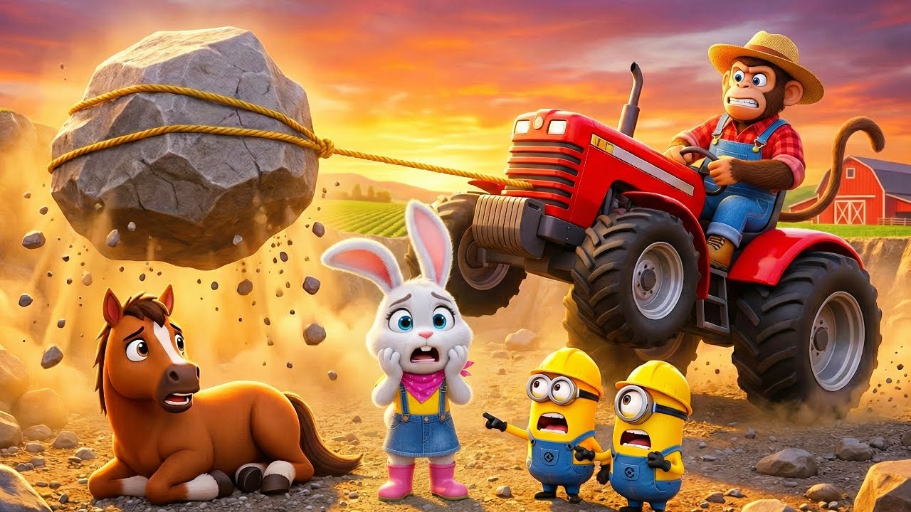 OMG! Baby Horse Trapped Under Rock! 😱🚜 Monkey Rescues with RED TRACTOR | Sad to Happy Story 🐴❤️