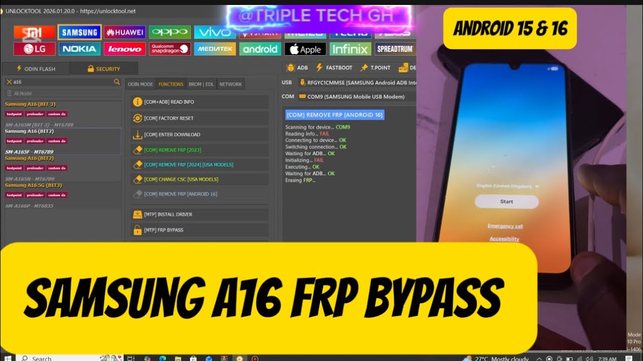 New Samsung A16 FRP bypass Unlocktool . Android 15 and 16 frp bypass with new meta/ com mode. 2026