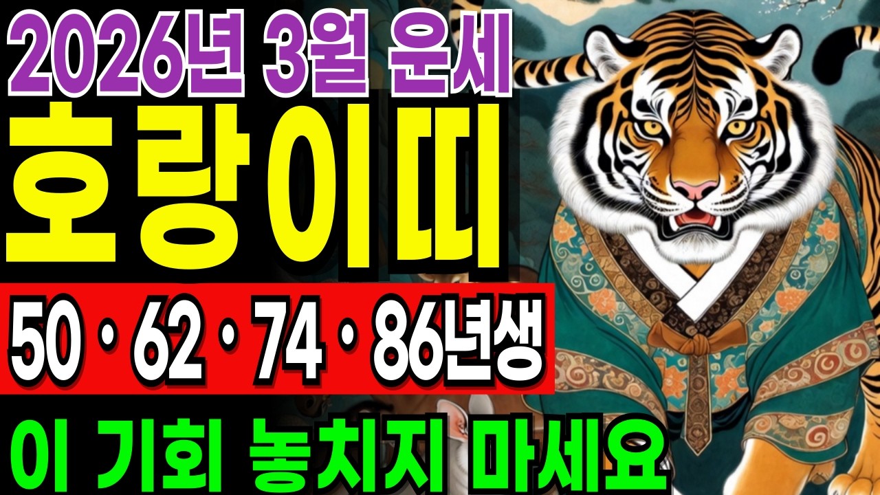 [호랑이띠 운세] 2026년 3월 호랑이띠 운세 1950,1962,1974,1986년생 이 기회 놓치지마세요 | 재물운 | 금전운 | 부자풍수 | 로또운세 | 띠운세 |