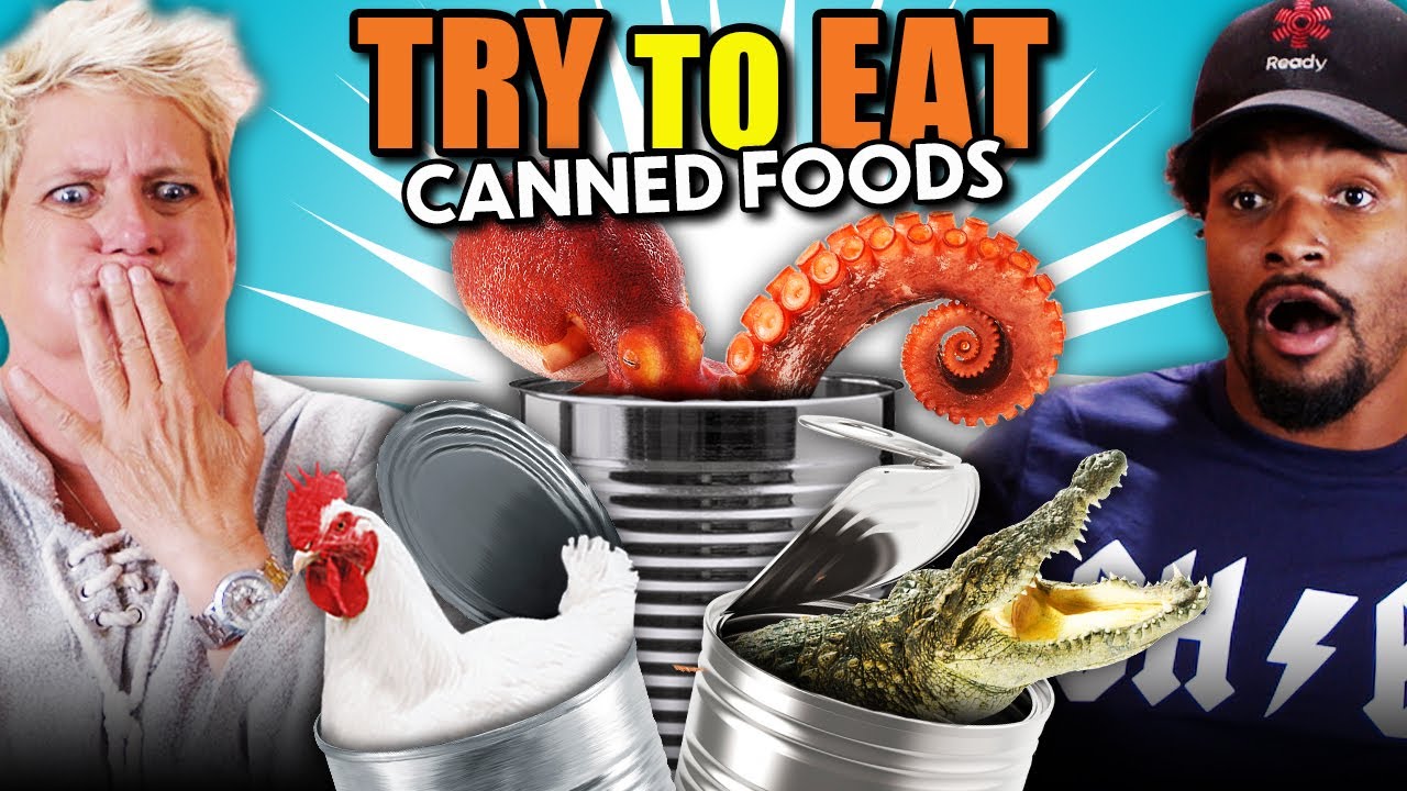 Try To Eat Challenge - Canned Food! (Alligator, Bread, Quail Eggs, Squid)