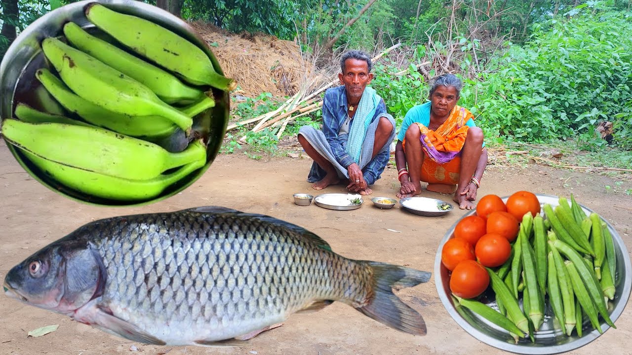 2kg RUH FISH curry cooking | rural old grandma cooking FISH CURRY with RAW BANANA and eating