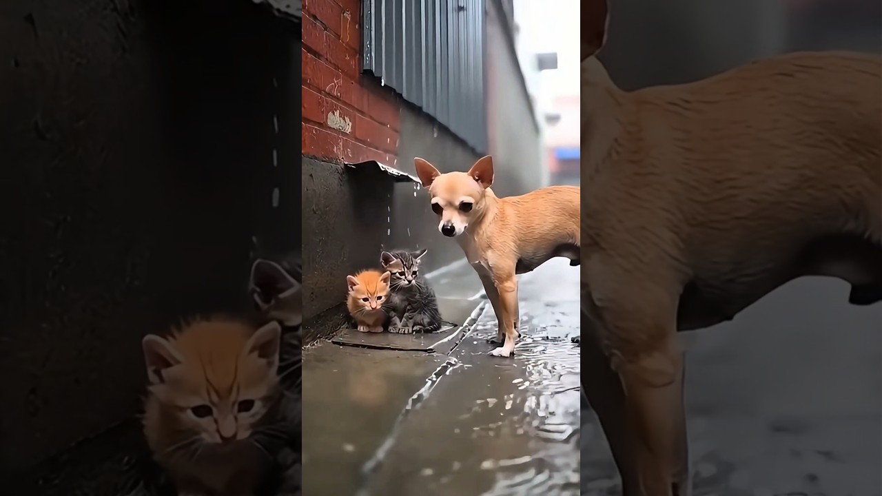 Two Tiny Kittens Caught in Heavy Rain 😢 A Dog Protected Them Until Help Arrived ❤️ 