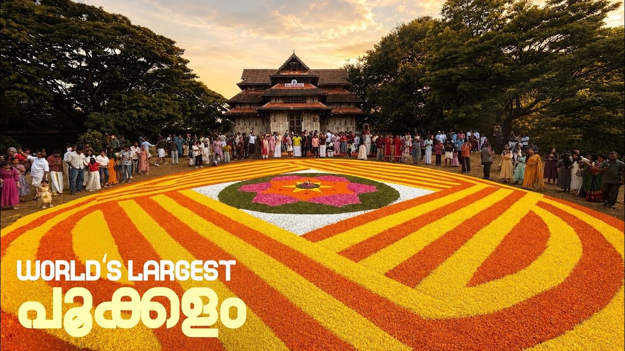 World&lsquo;s Largest Pookkalam (Floral Carpet) Making | Onam Pookkalam at Vadakkumnathan Temple, Thrissur