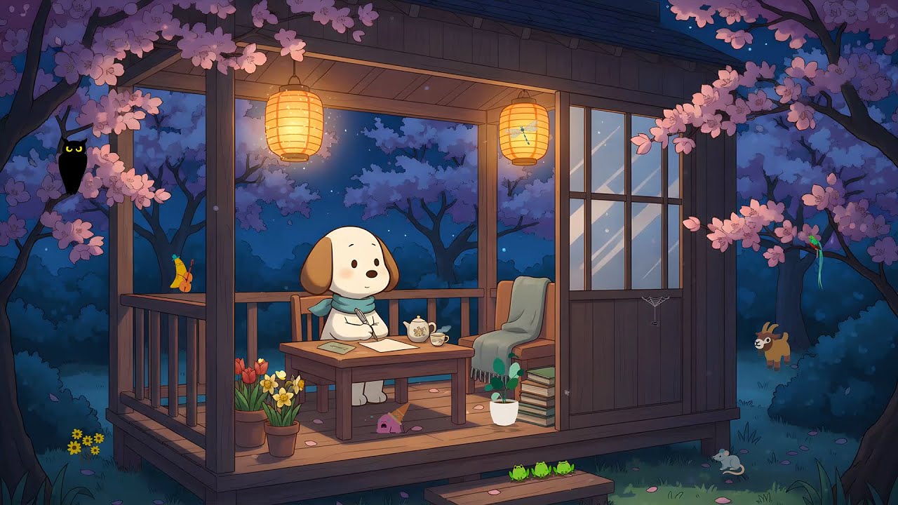 Magical Sakura Night 🌸 Lofi Puppy Writing Beats 🏮 Peaceful Spring Gazebo Ambience for Sleeping