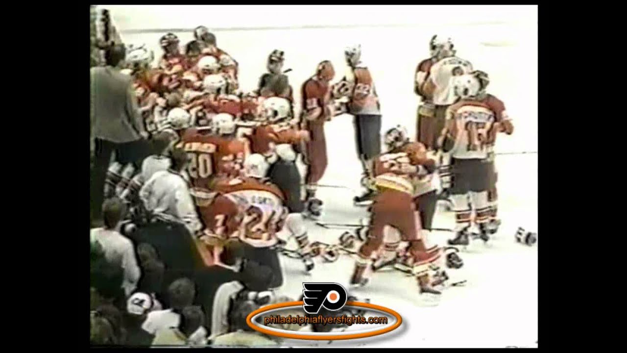 Jan 13, 1985 Tim Hunter Decks Brian Propp Bench Brawl Calgary Flames vs Philadelphia Flyers