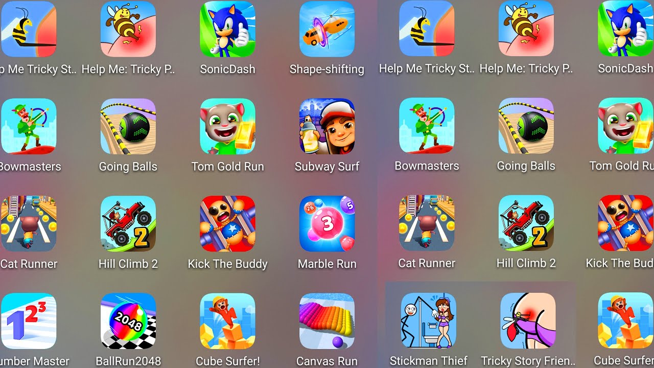 Help Me Tricky Puzzle,Number Master,Sonic Dash,Stickman Thief,Bowmasters,Cat Runner,Canvas Run