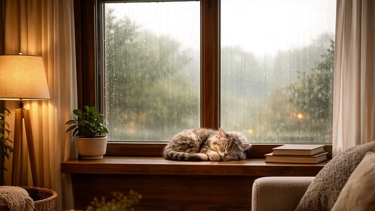 Cozy Kitten by the Rainy Window 🌧️ Soft Rain Sounds for Sleep & Relaxation