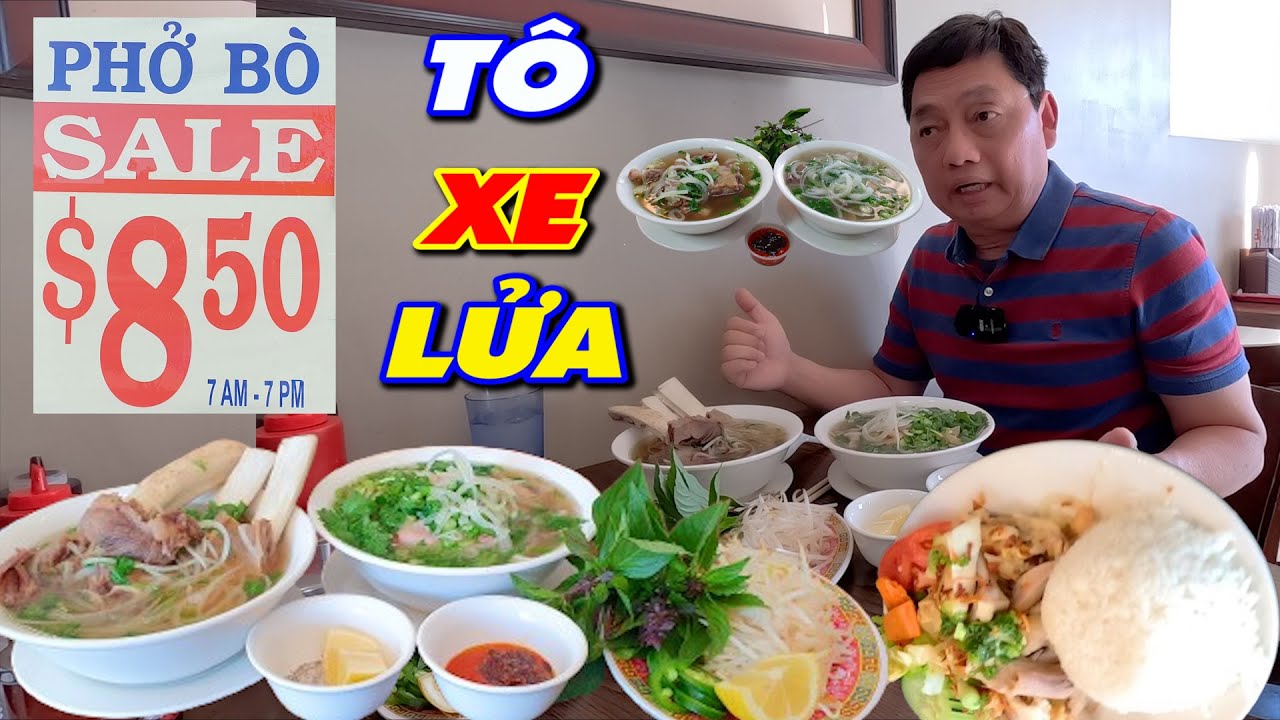 Tiệm phở sale $8.50 bán 24/24, Giờ nào tới ăn cũng được, Tô xe lửa 5 loại tái nạm gầu gân xách  $8.5