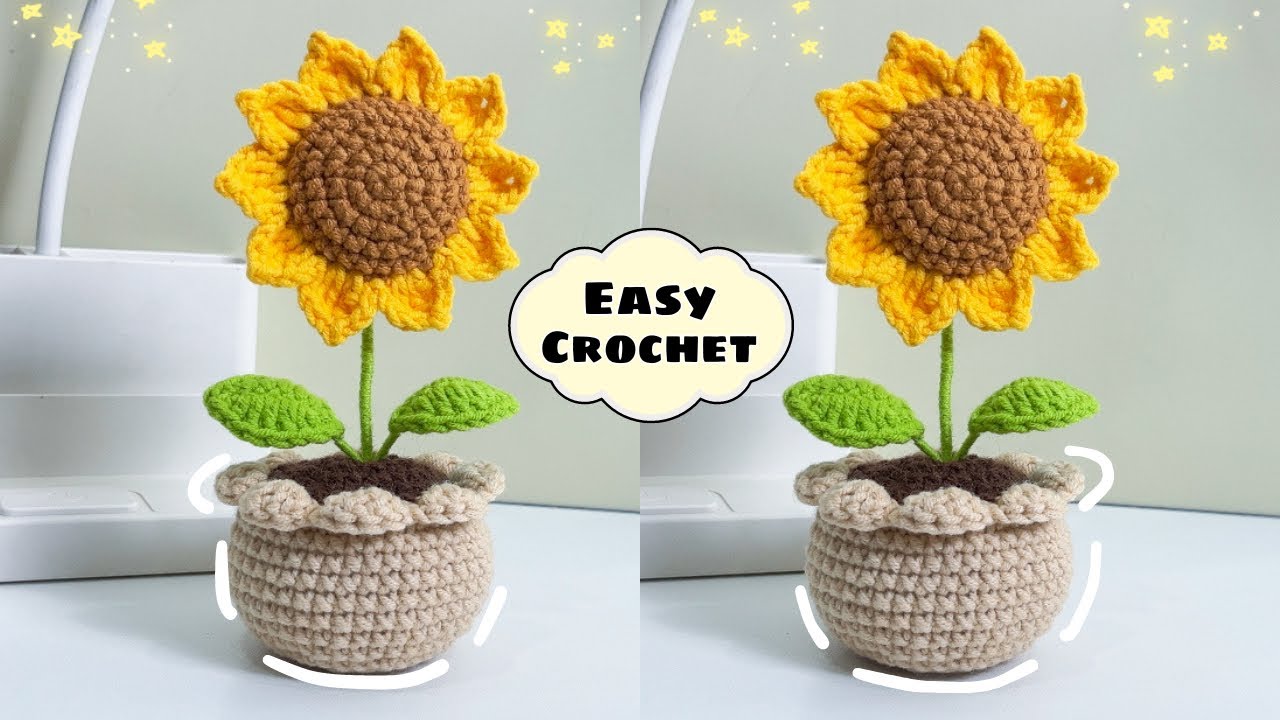 🌻 Вязаный крючком цветочный горшок 🌻 Как связать крючком горшок с подсолнухом для начинающих | По...