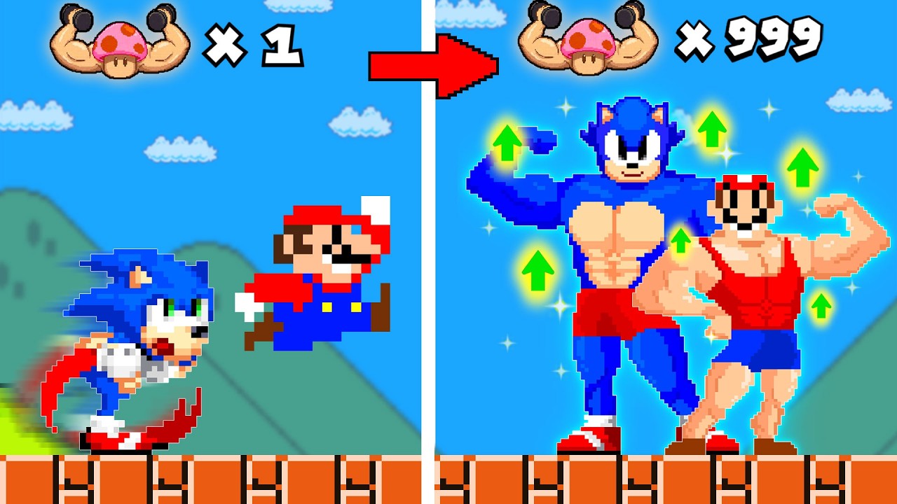 Super Mario Bros. But Every Mushroom Makes Mario and Sonic More Buffed