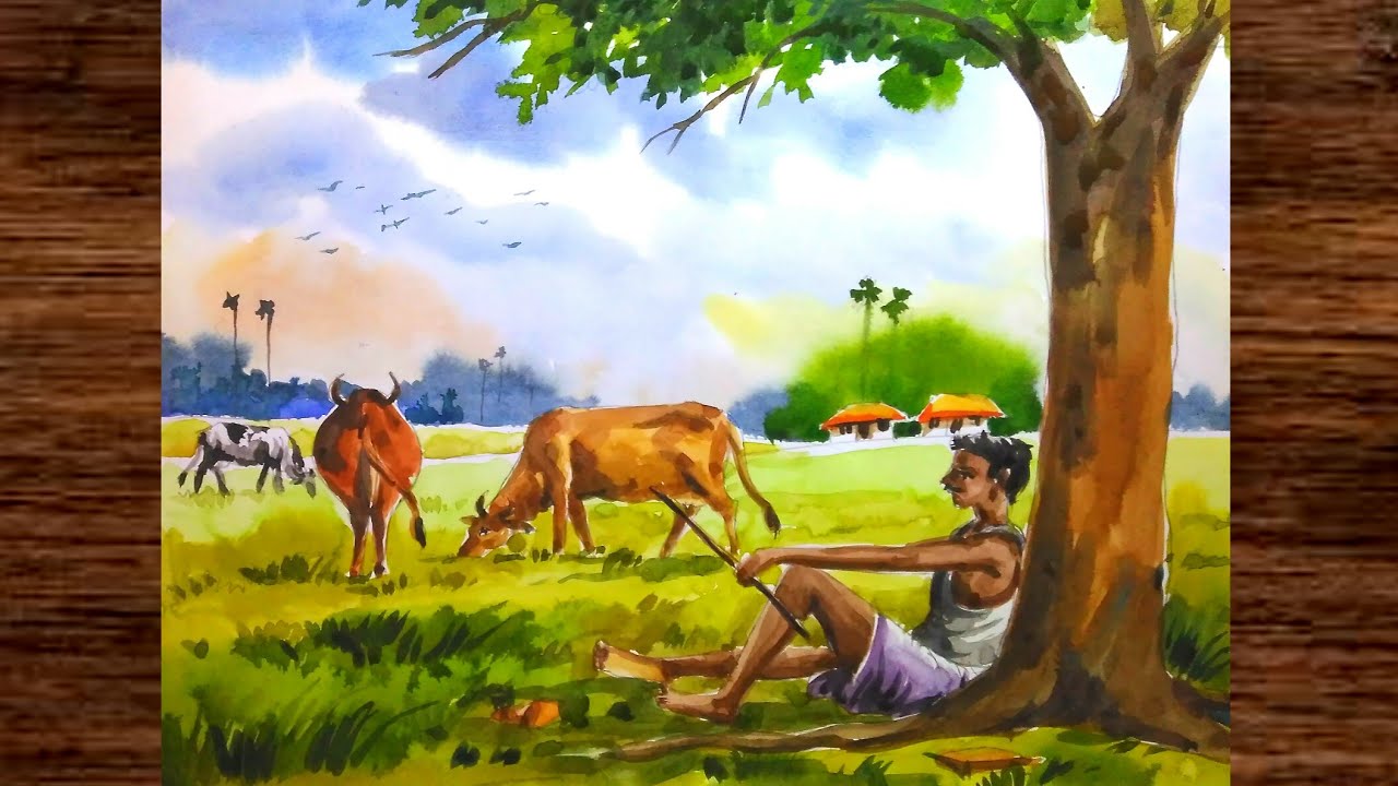 Cowboy with cow scenery drawing step by step with water colour/Cows  and man drawing