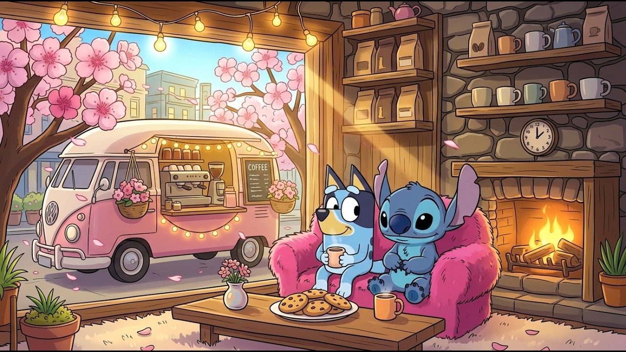 Stitch & Bluey Spring Cafe Moment 🌸 Chill Lofi Beats for Relax & Unwind ☕ Soft Hearthside Comfort
