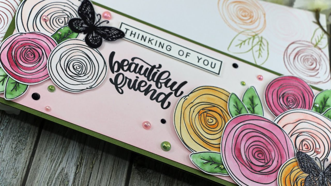 Quick & Easy Watercolor Slimline Card | SSS Sketch Ranunculus Take 7