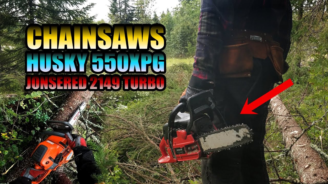 Jonsered 2149 Turbo  and Husqvarna 550 xpg mark II - Two Guys felling each a tree