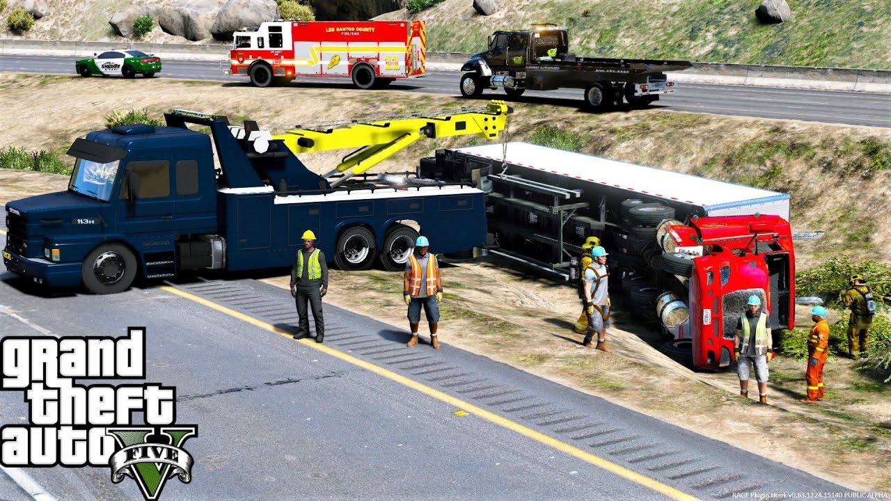 Heavy Wrecker Rescues Overturned Tractor Trailer in GTA 5