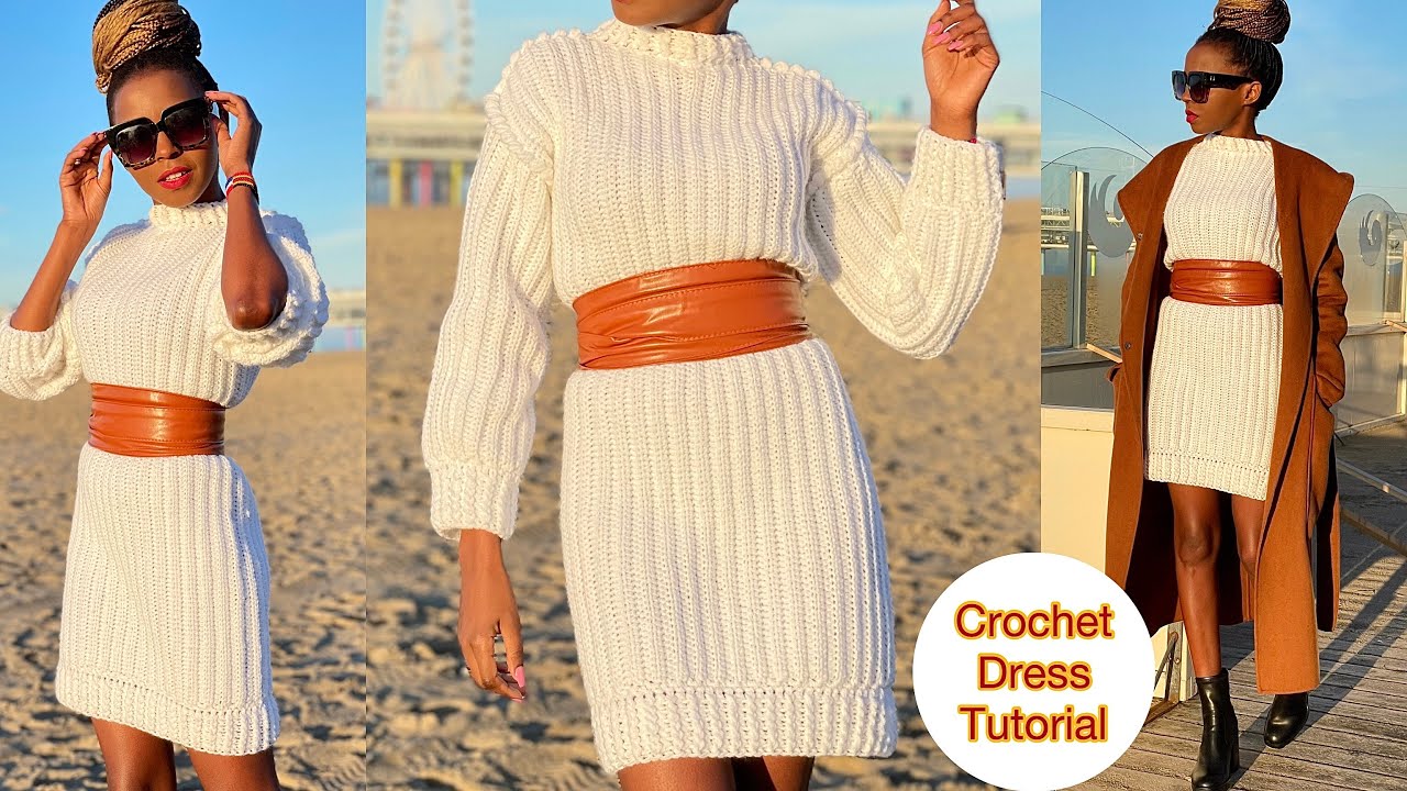 Как связать крючком простое платье-свитер в рубчик #crochet