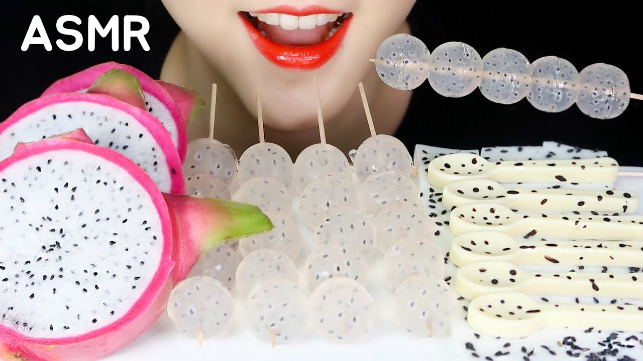 SPOTTED FOOD ASMR DRAGON FRUITS, BASIL SEED JELLY, KONJAC JELLY, EDIBLE SPOON MUKBANG NO TALKING
