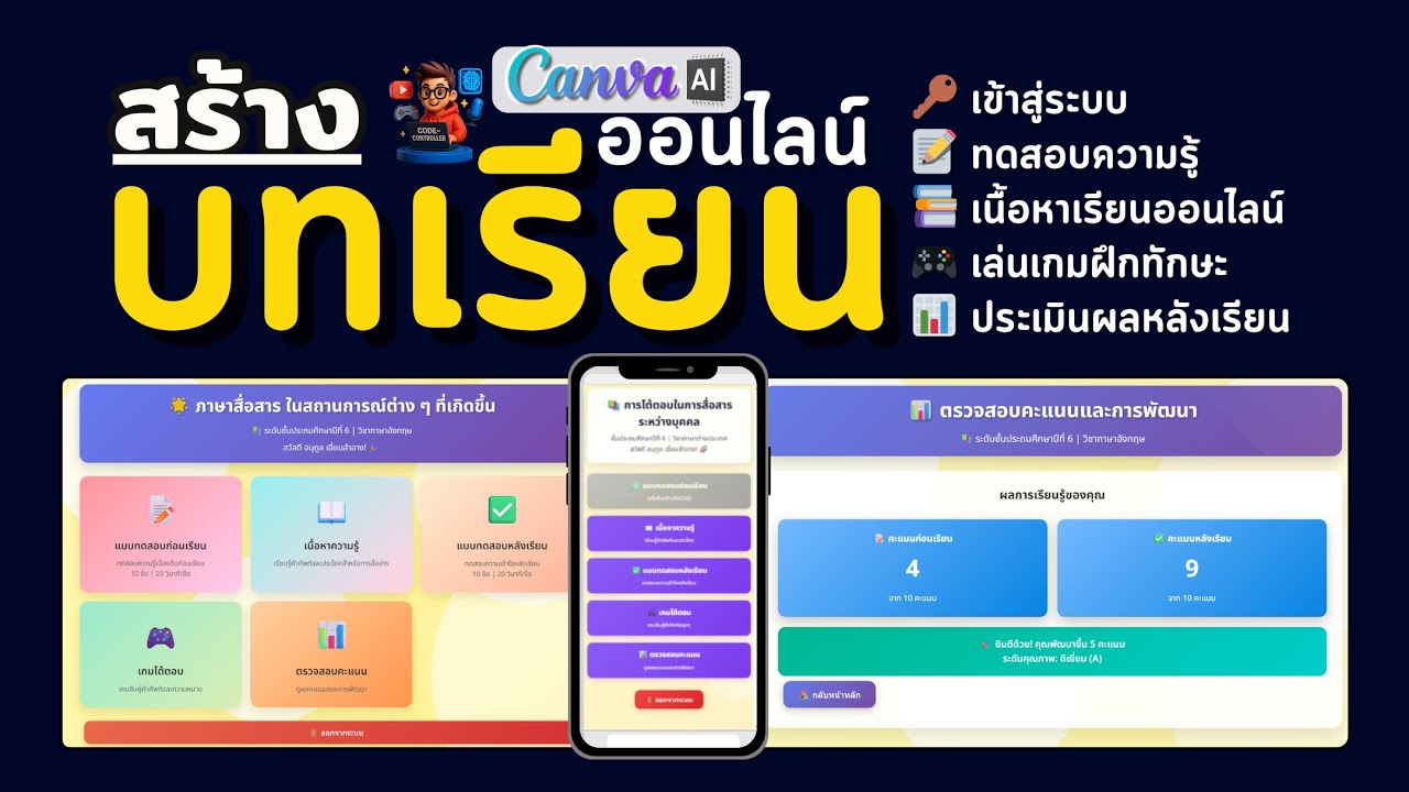 สร้าง บทเรียนออนไลน์🚀[เข้าระบบ,ทดสอบ,เรียน,เกม,ประเมินผล] ด้วย Canva AI