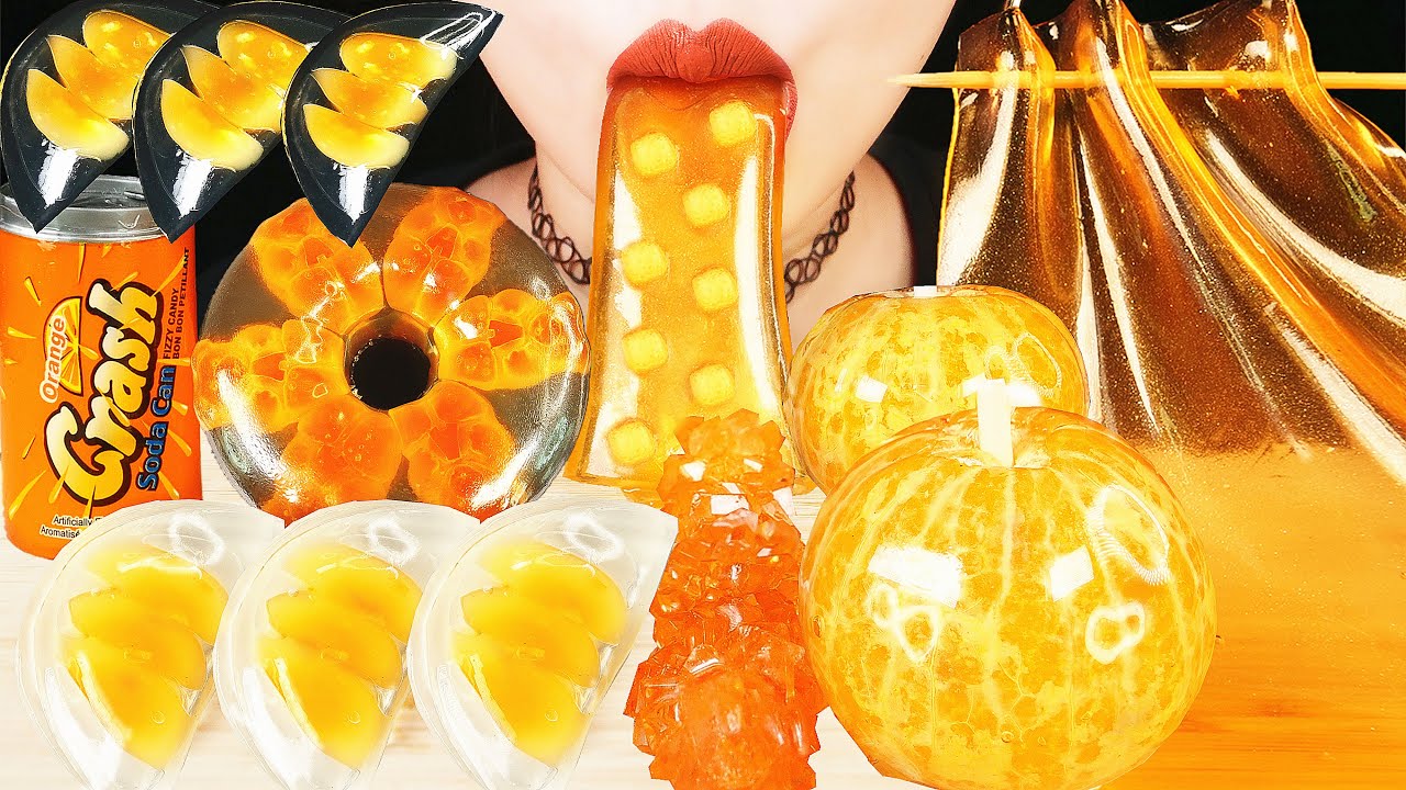 ASMR ORANGE FOOD: CLEAR CANDY DUMPLINGS, FIZZY SHEET JELLY, CANDIED FRUIT, TANGHULU, JELLO DONUT 먹방