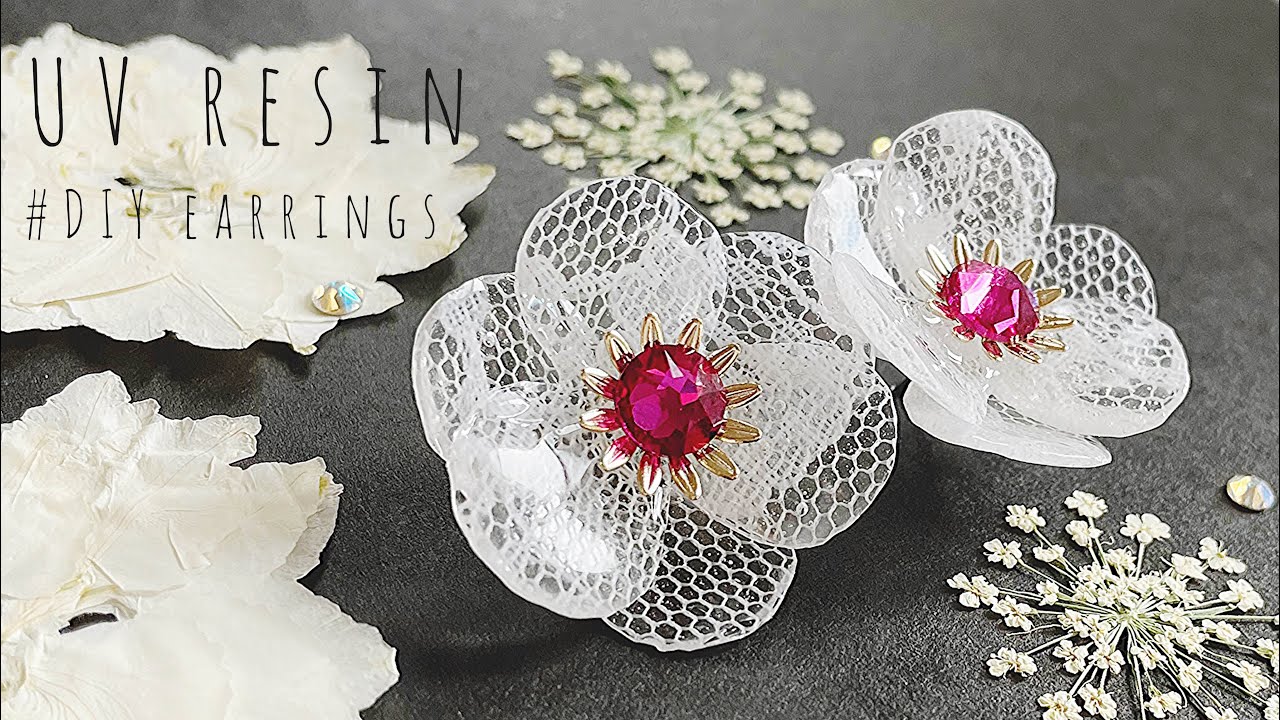 【モールドなしレジン】フリーカットで作るレースフラワーピアス🌺UV resin-DIY earrings
