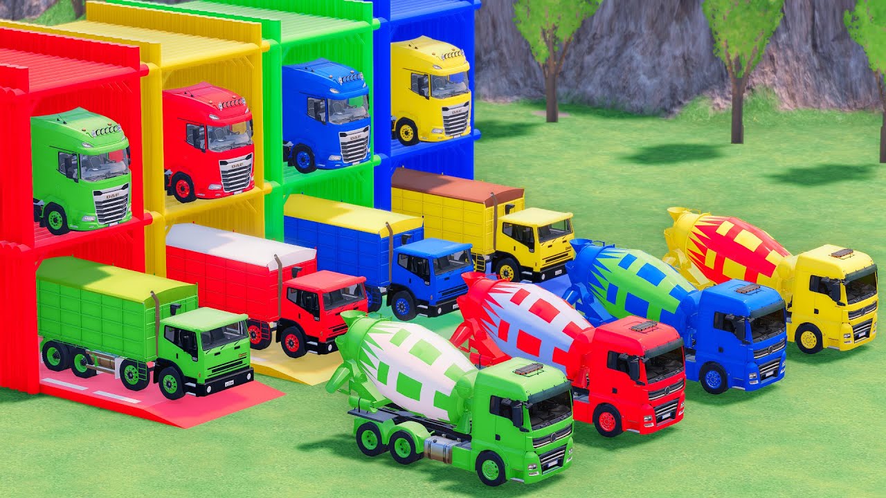 Trucks With COLORS - VOLKSWAGEN MIXER TRUCK and INTERNATIONAL GRAIN TRUCK with FLATBED TRAILER TRUCK