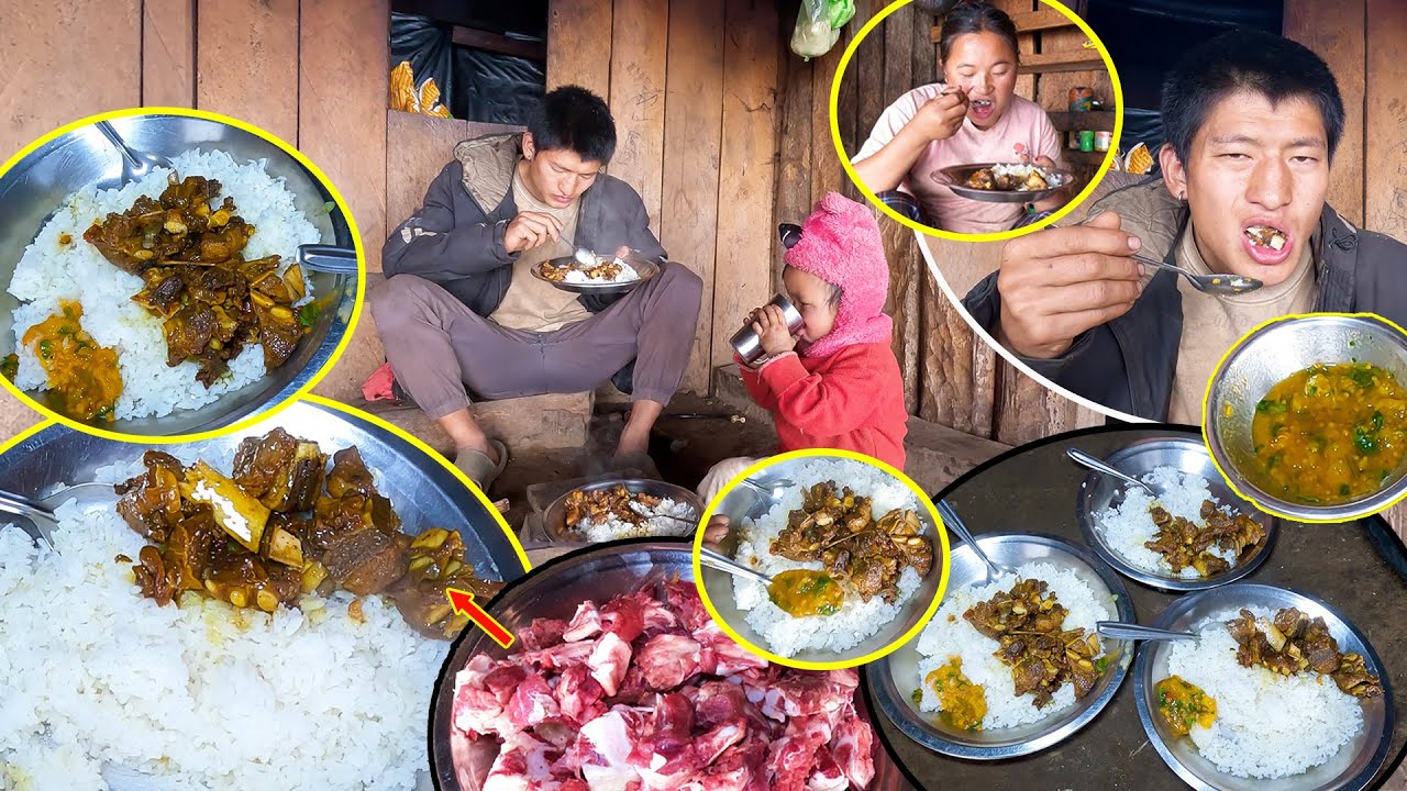 Buff meat gravy & rice with hot pickle II We are having meat after long time@pastorallifeofnepal