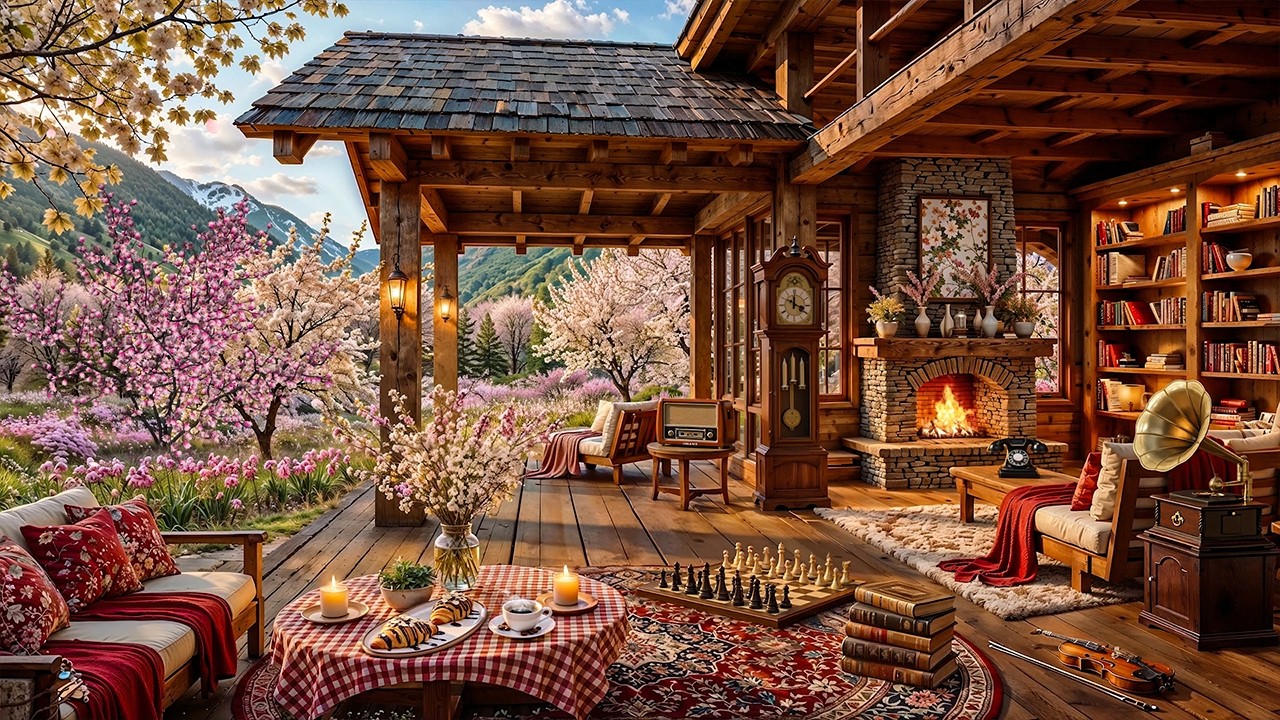 Gentle Jazz Piano Music for Relax, Reading 🌸 Cozy Spring Porch Cabin Ambience & Fireplace Crackling