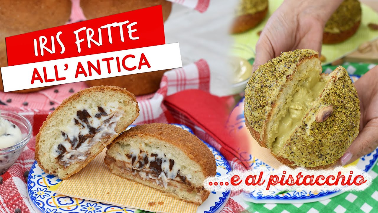 Iris fritte all'antica con crema di ricotta e crema al pistacchio