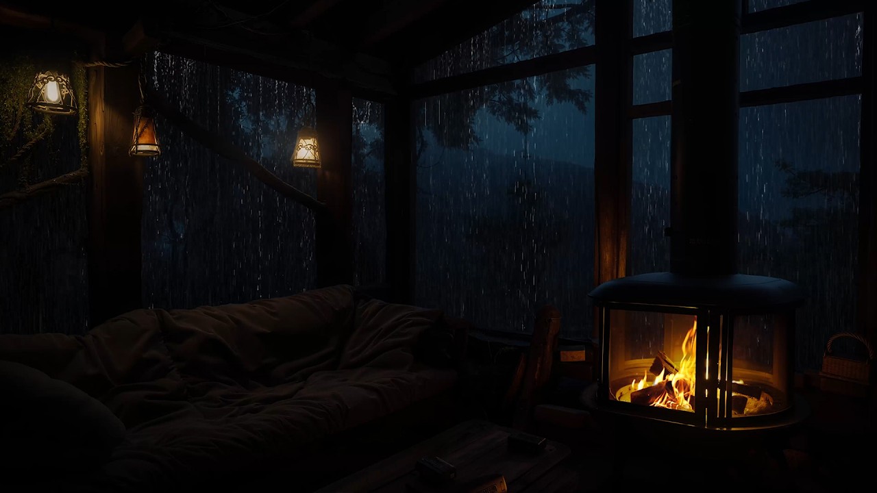 Rain on Cabin Windows with a Warm Fire | Stress Relief and Sleep Rain Sounds
