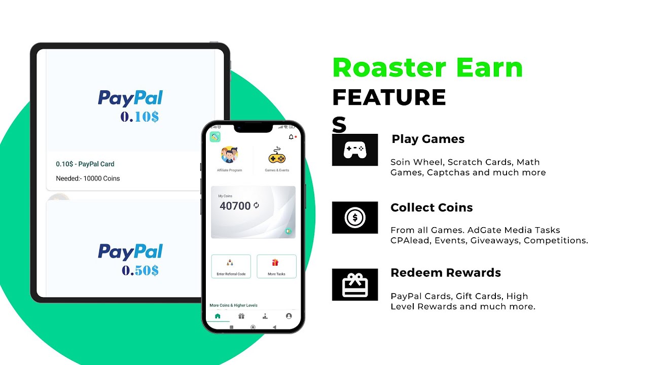 Roaster Earn Features - Games, Tasks, Offers. Redeem many rewards
