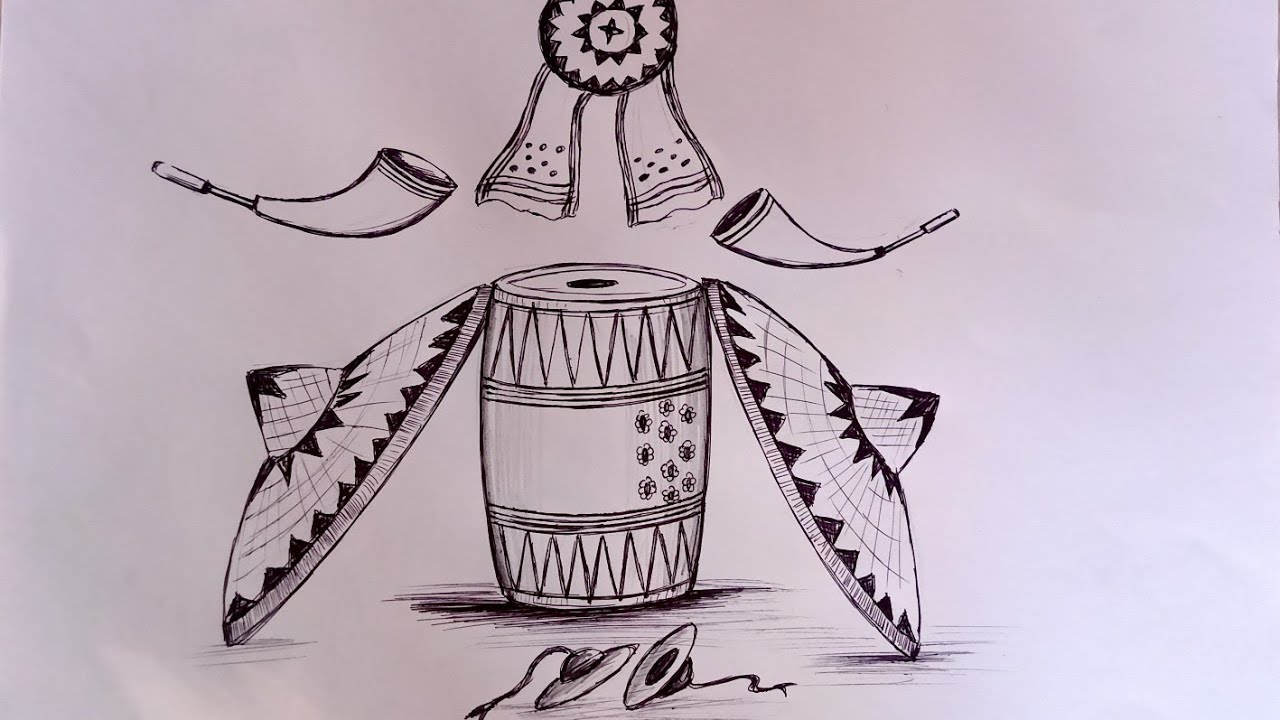 Bihu drawing#BihuBohag (Rongali ) Bihu // Bihu's Dhol,Gamusa, kopou phool.assames cultue //RANGALI