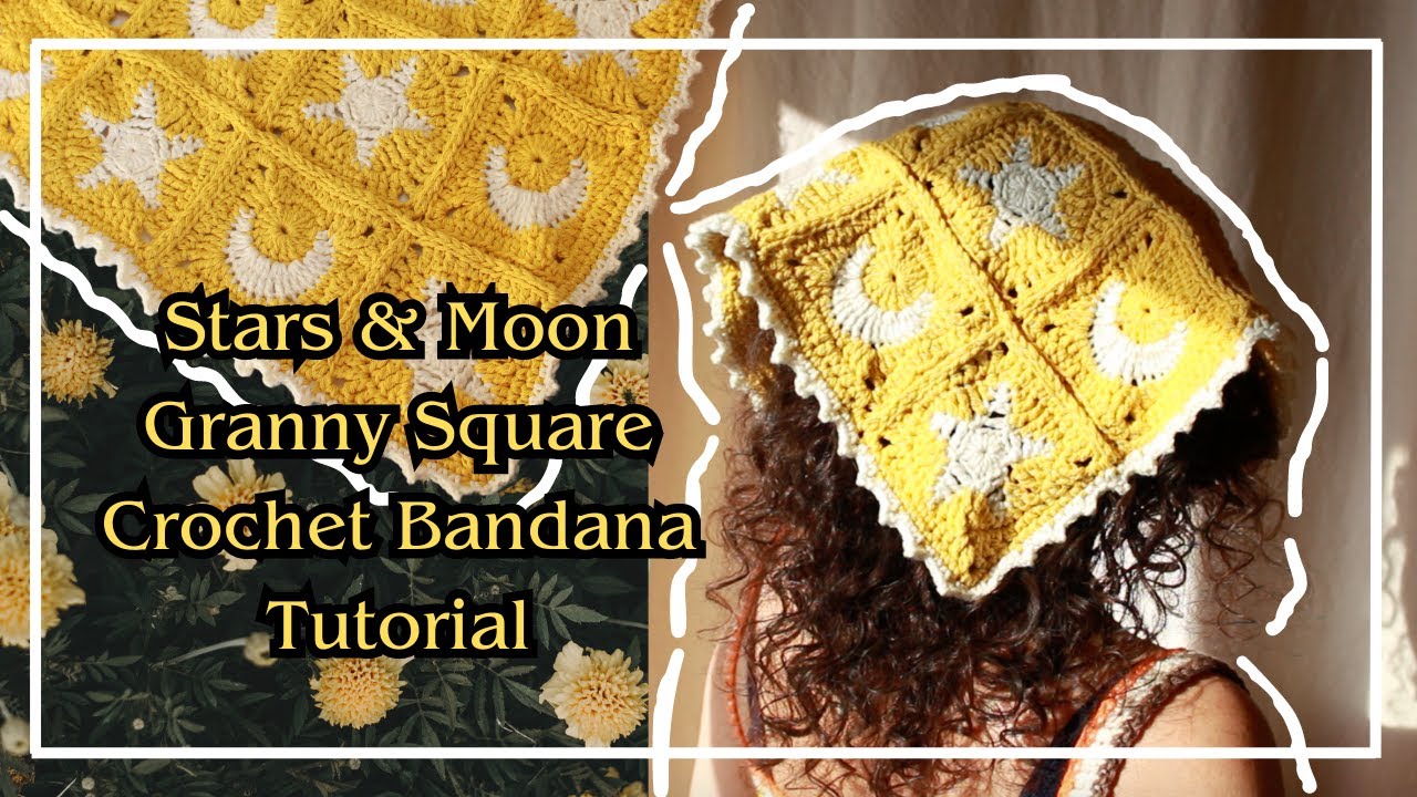 Star and moon granny square crochet bandana tutorial | Design 2