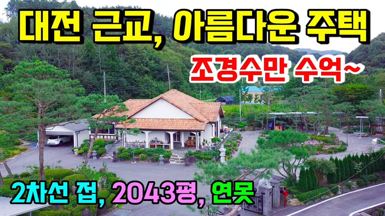 1242. 대전근교에 있는 2043평의 전원주택입니다. 정성으로 가꾼 아름다운 정원과 연못이 있고 2차선에 접해 있어 카페나 애견카페등도 가능한 곳으로 조경수만 수억이 넘는답니다