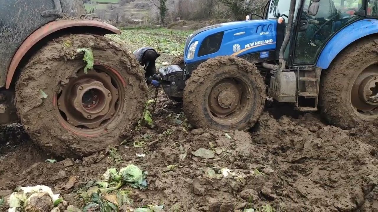 Yok böyle batma 3 traktör lahana yüklü römork kurtarma çalışması -New holland tr110- td90-kubota9540