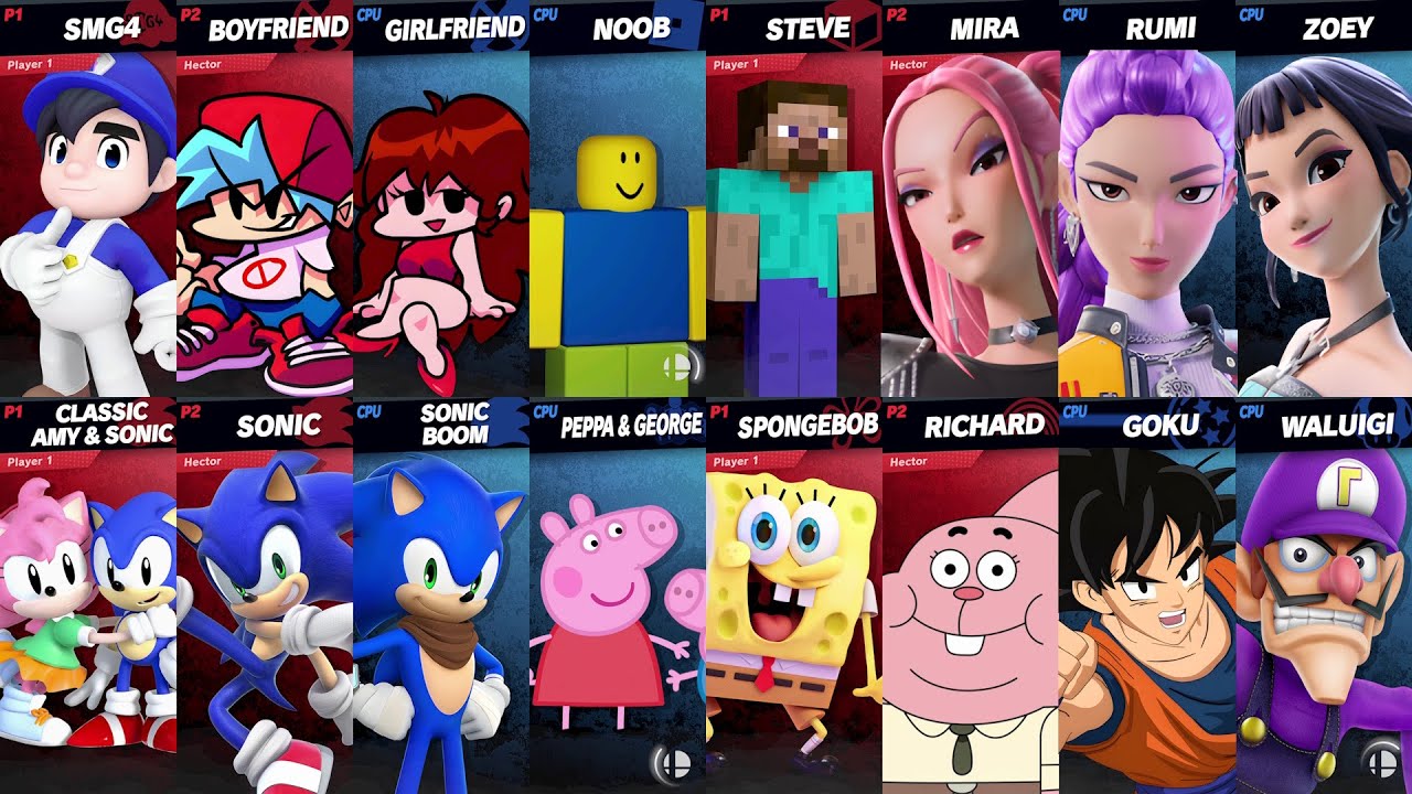 NEW Sonic vs Roblox vs Minecraft vs Peppa vs Fortnite vs SpongeBob vs Goku vs Steve in Super Smash